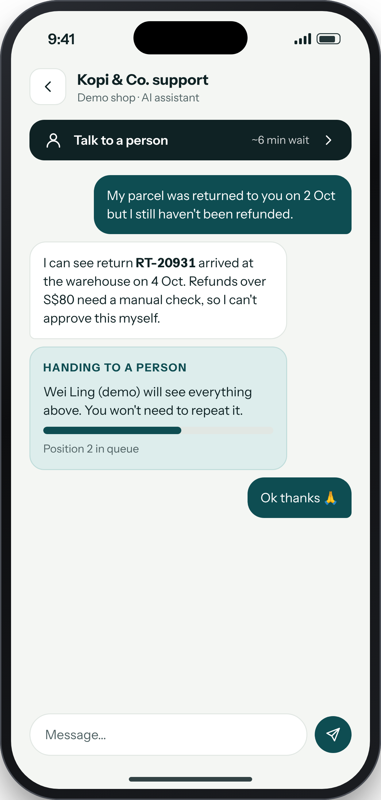 HANDRAIL DESK screen: Customer chat