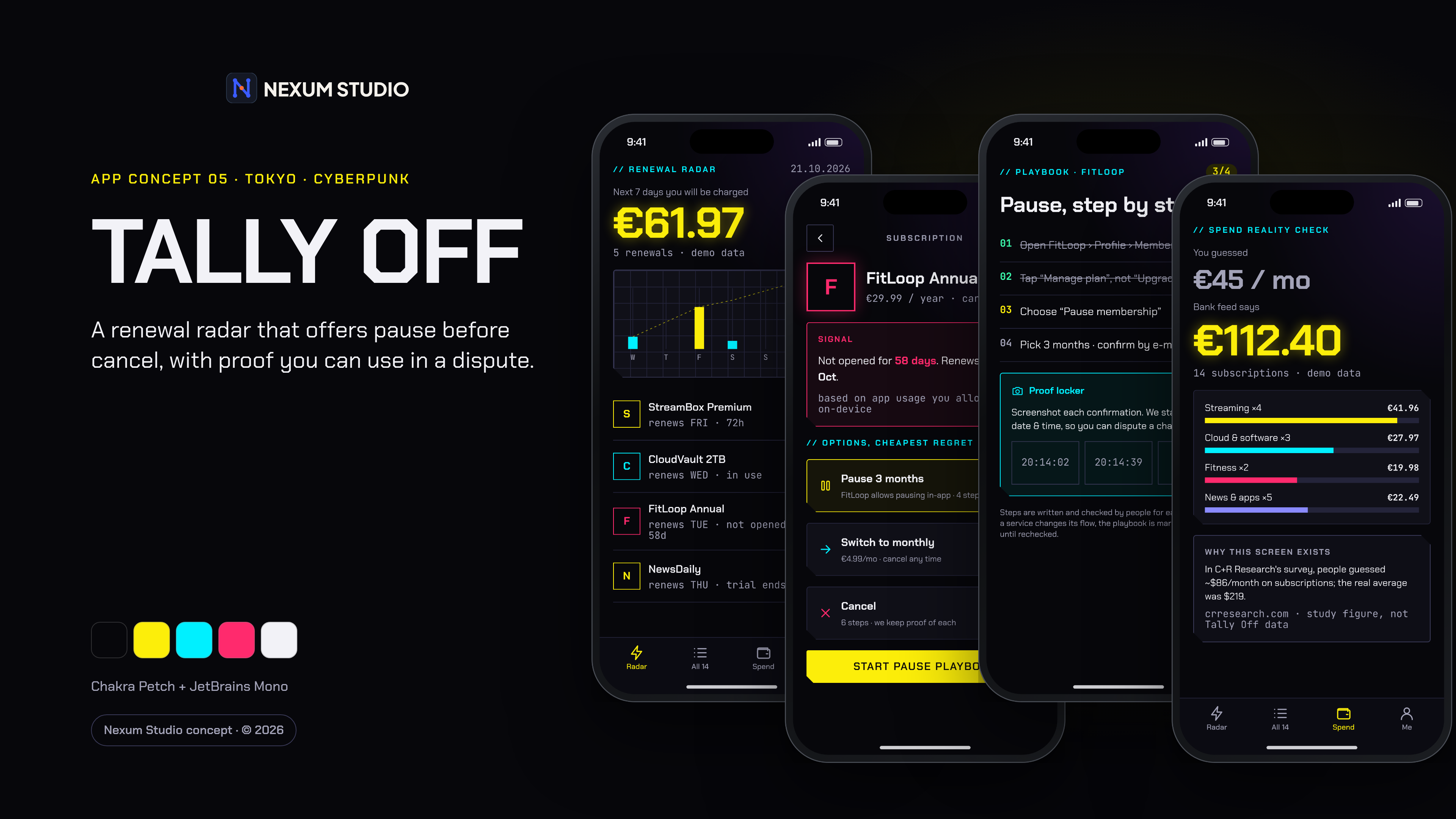 TALLY OFF: key screens in device frames