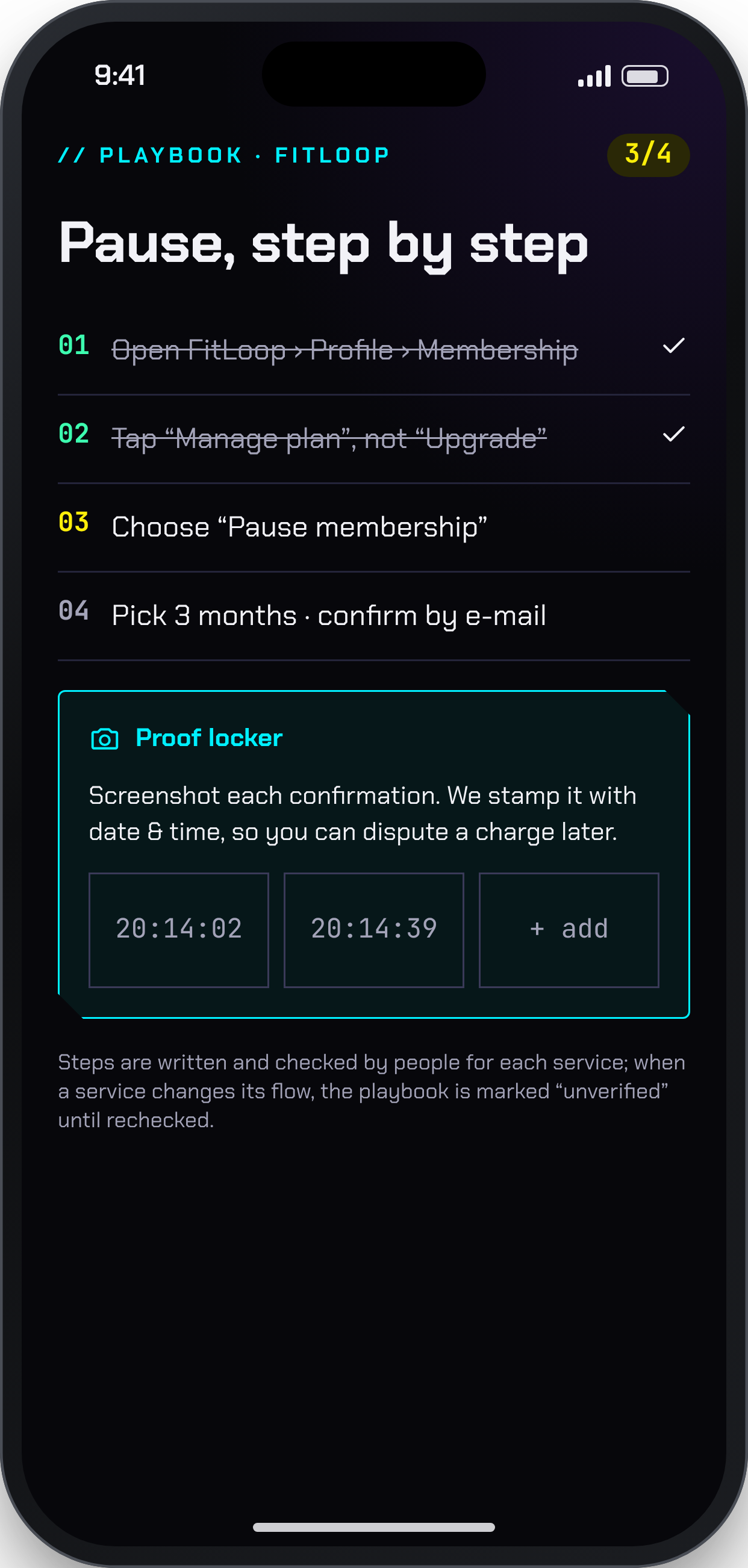 TALLY OFF screen: Pause playbook + proof locker