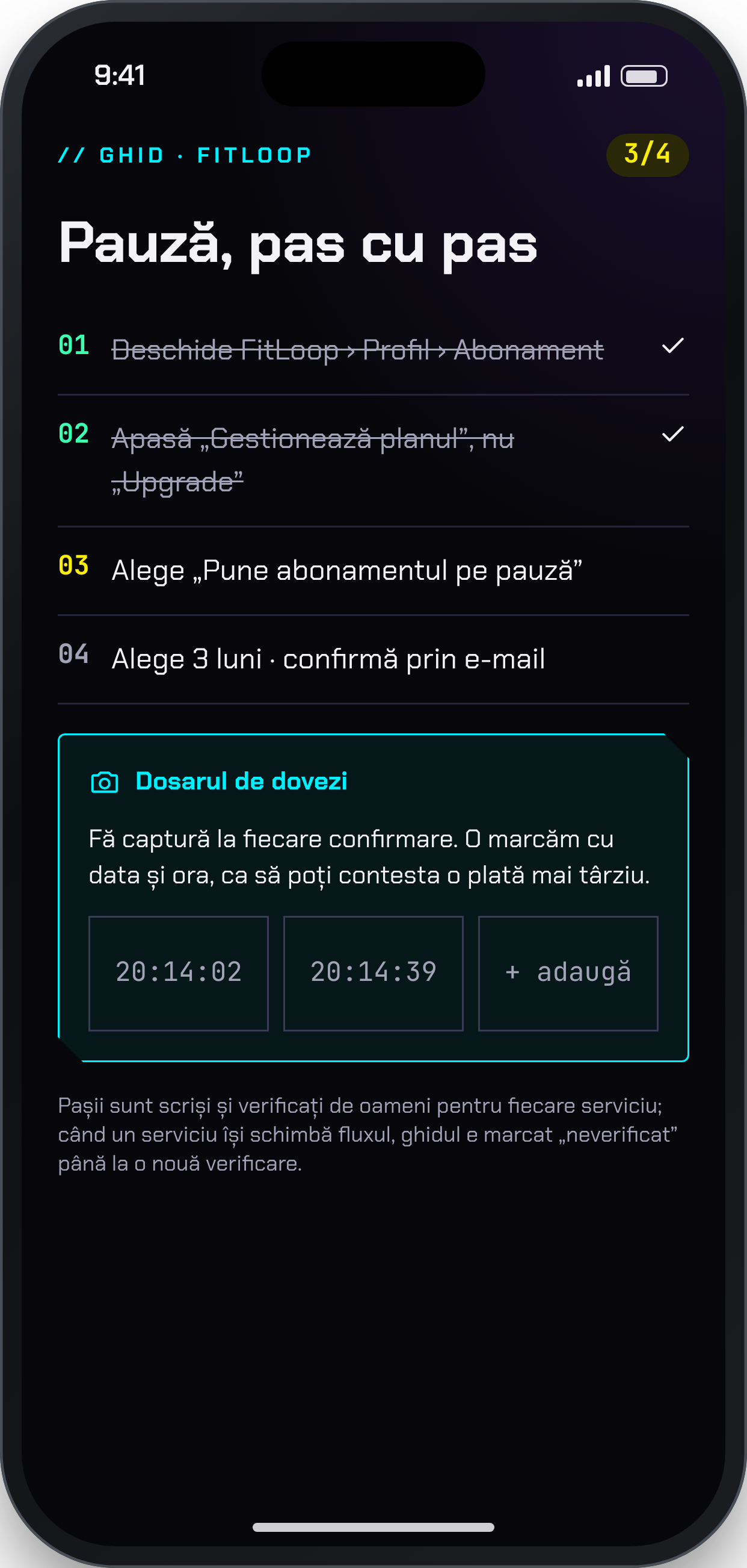 TALLY OFF, ecran: Pași de pauză și dovezi