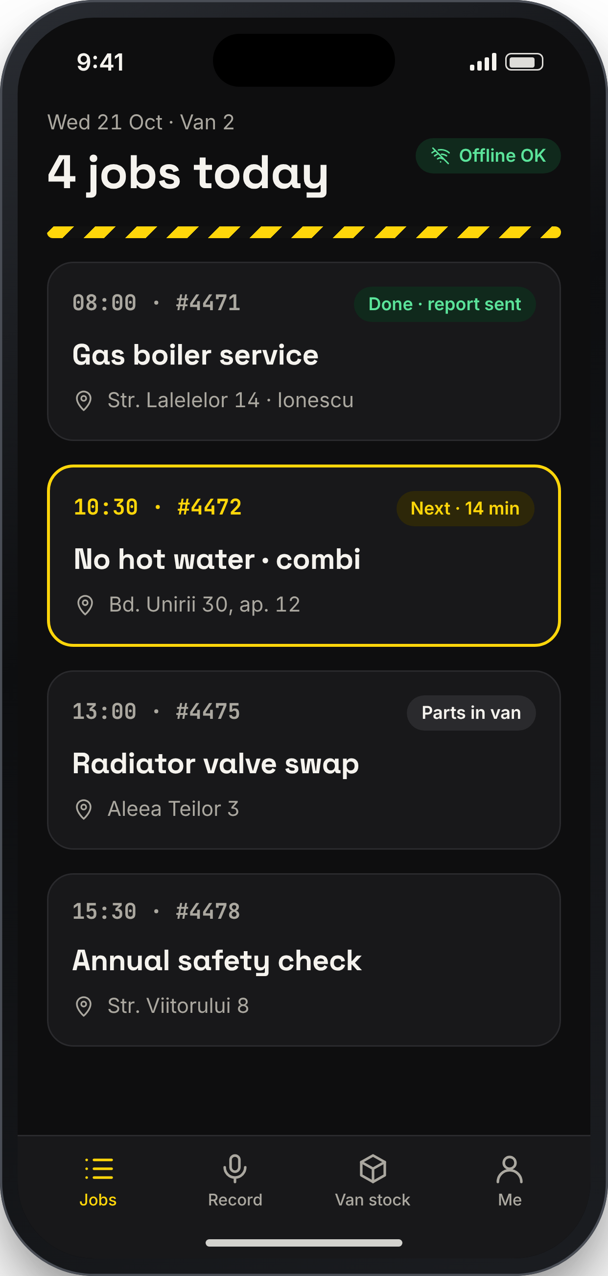 WRENCHNOTE screen: Job list, offline-first