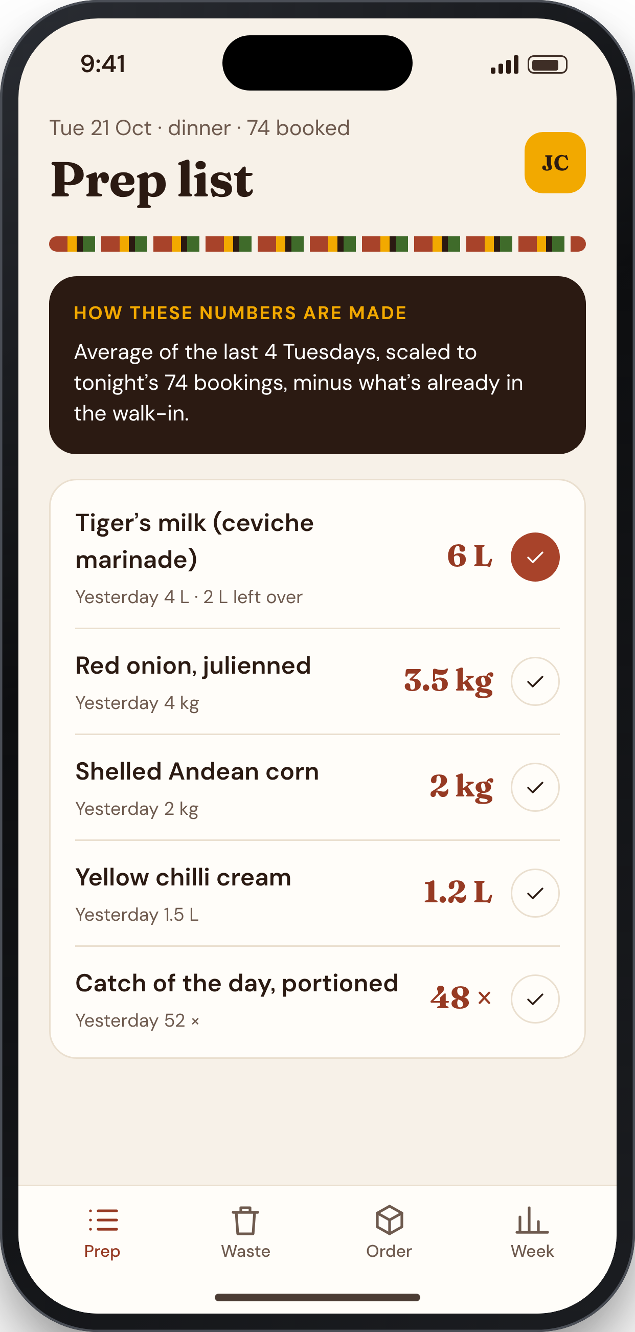 MISE COUNT screen: Prep list from real covers
