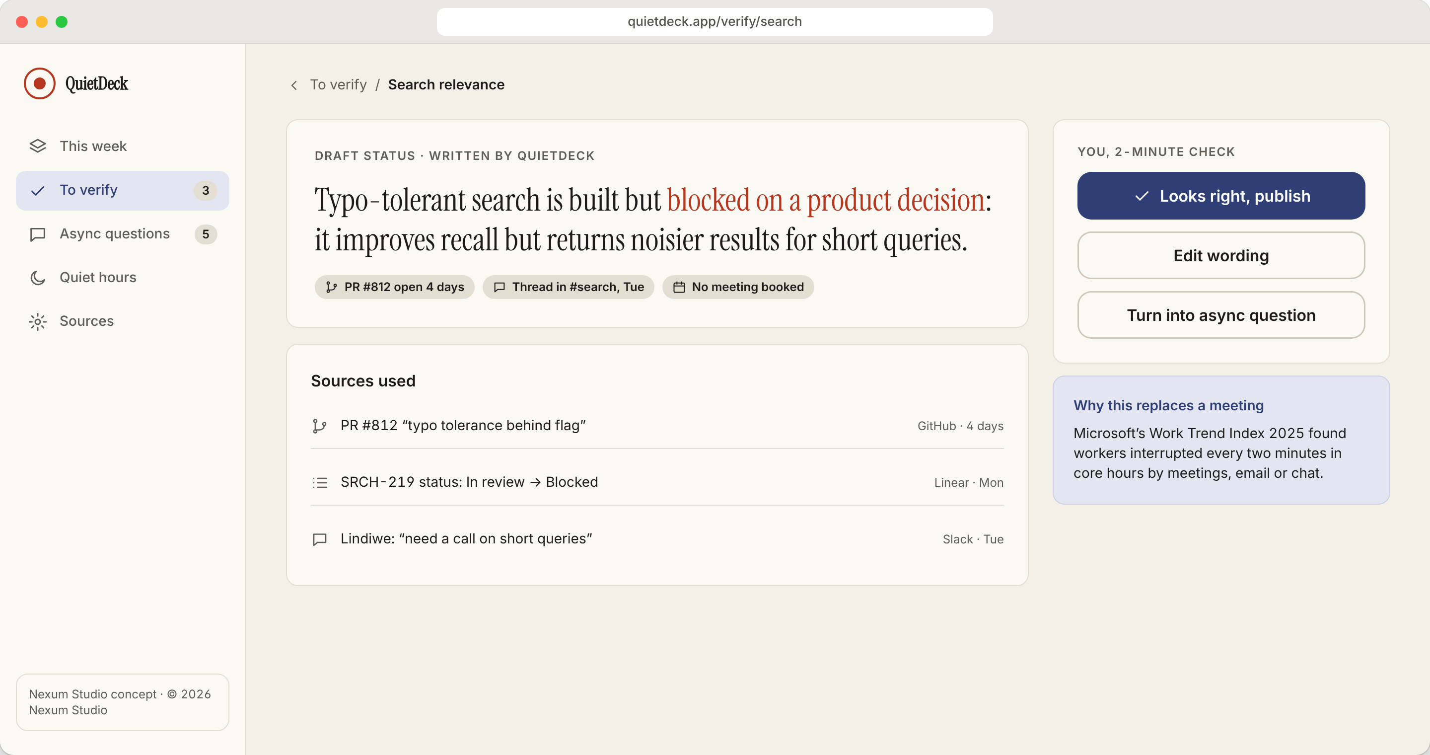 QUIETDECK screen: Two-minute verify