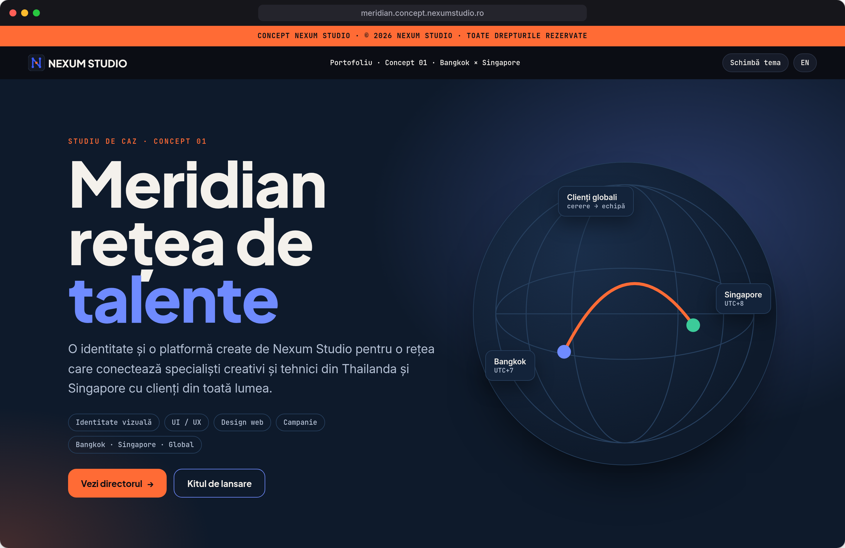 MERIDIAN: Prima secțiune, desktop · tema clean