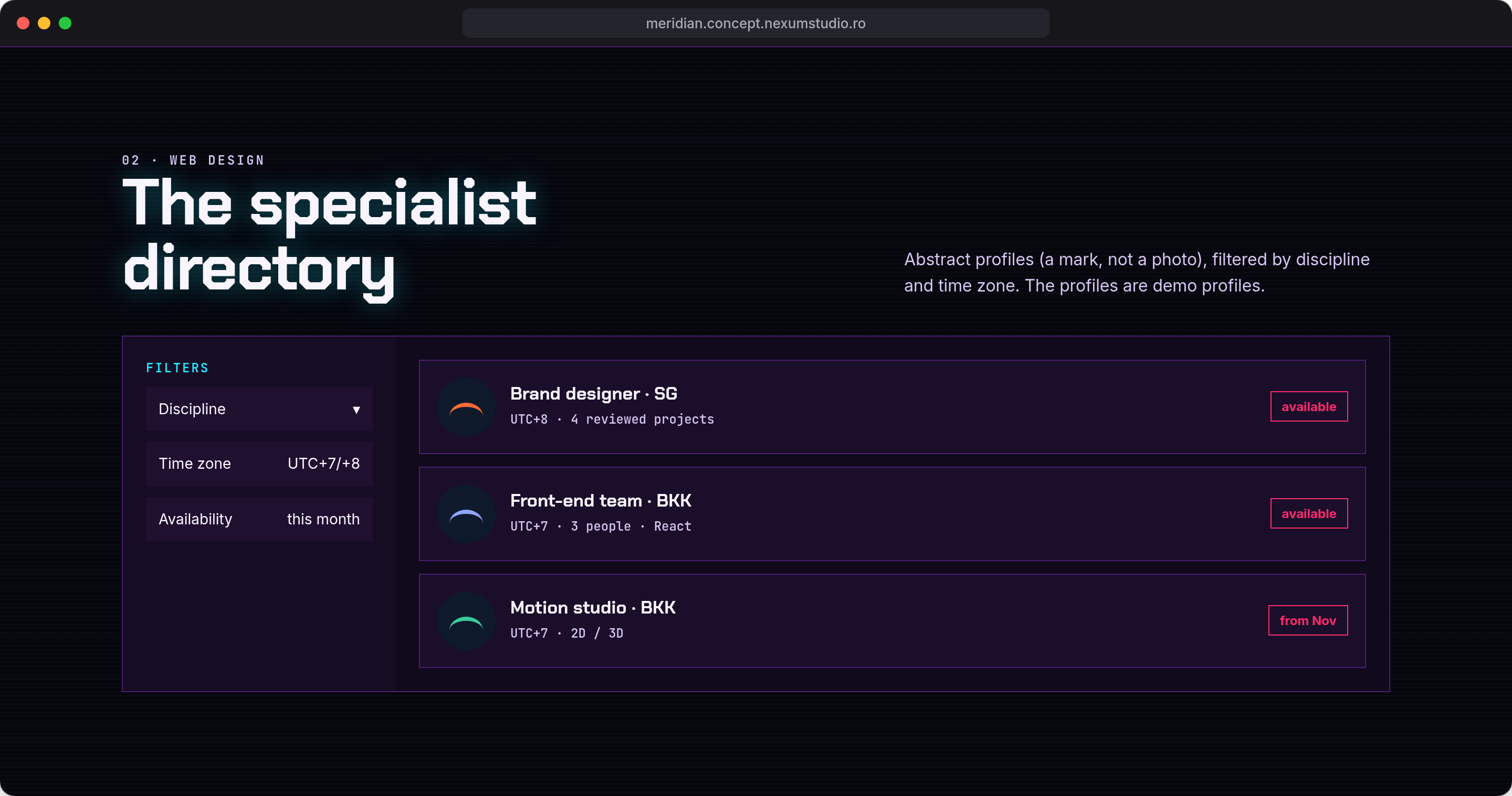 MERIDIAN: Specialist directory, desktop · neon theme
