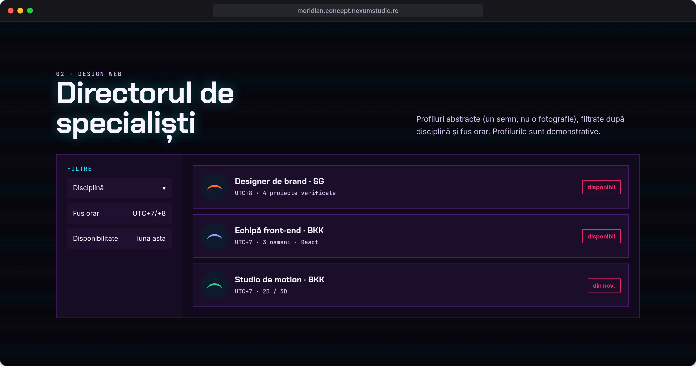 MERIDIAN: Directorul de specialiști, desktop · tema neon