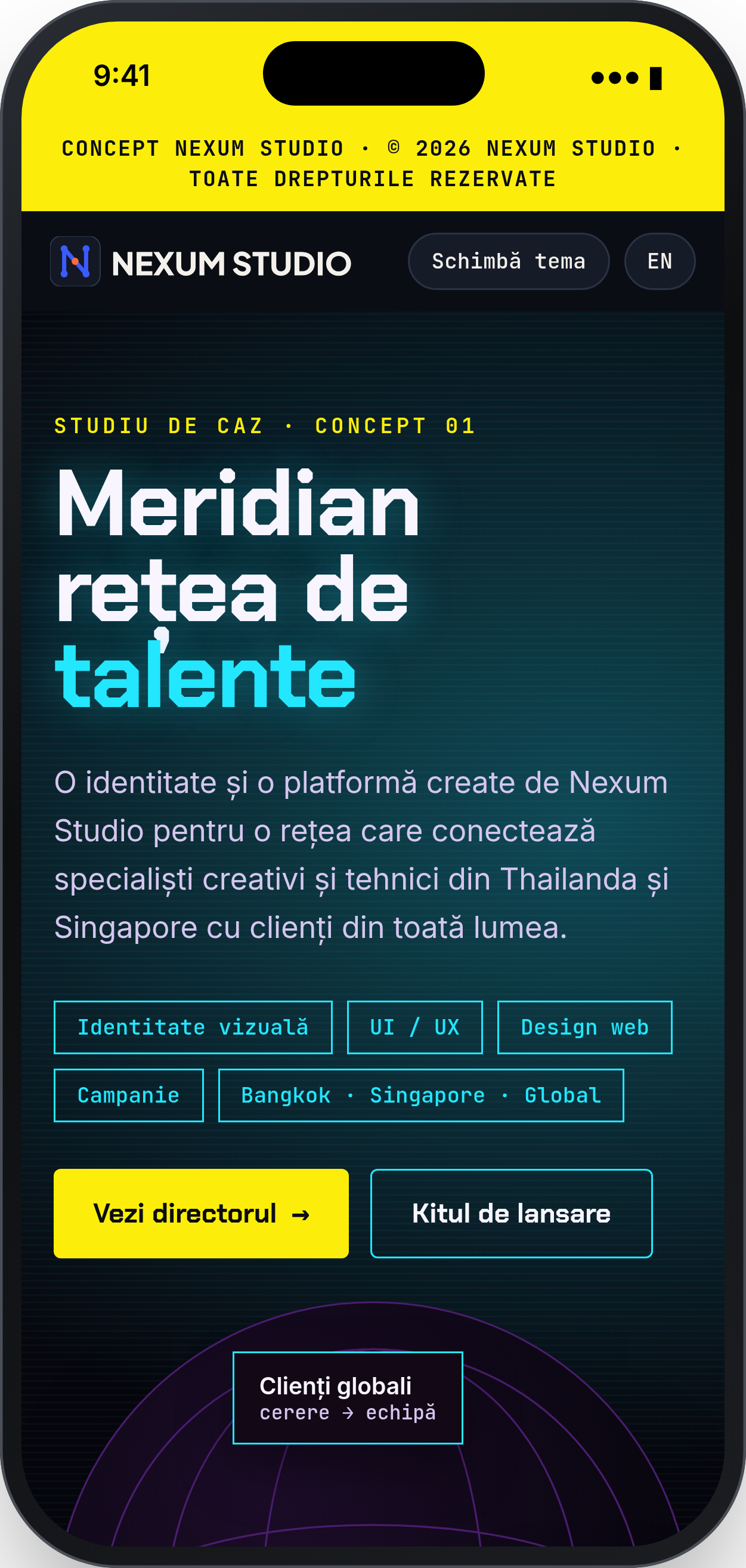 MERIDIAN: Prima secțiune, telefon · tema neon