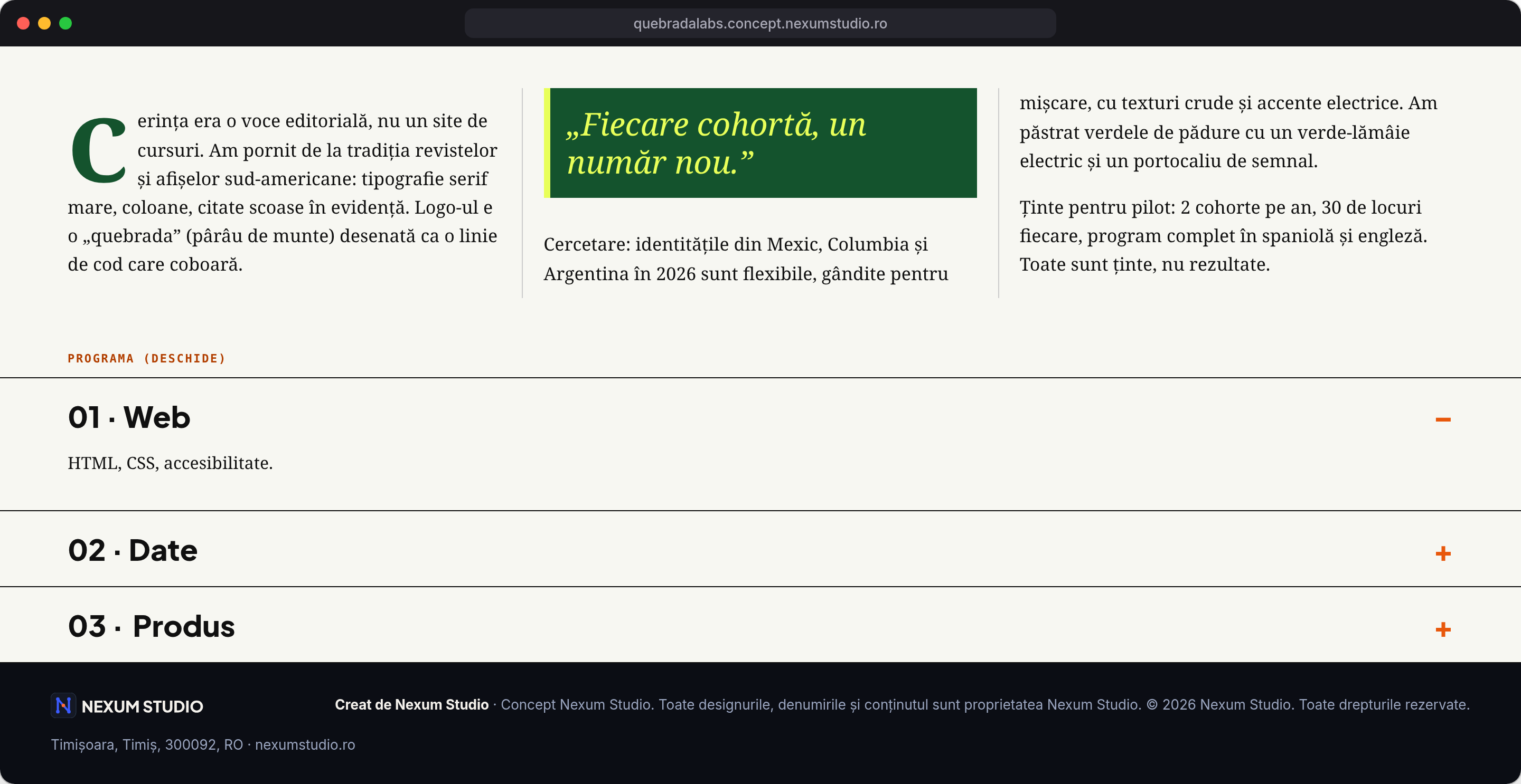 QUEBRADA LABS: Cercetare și programă, desktop